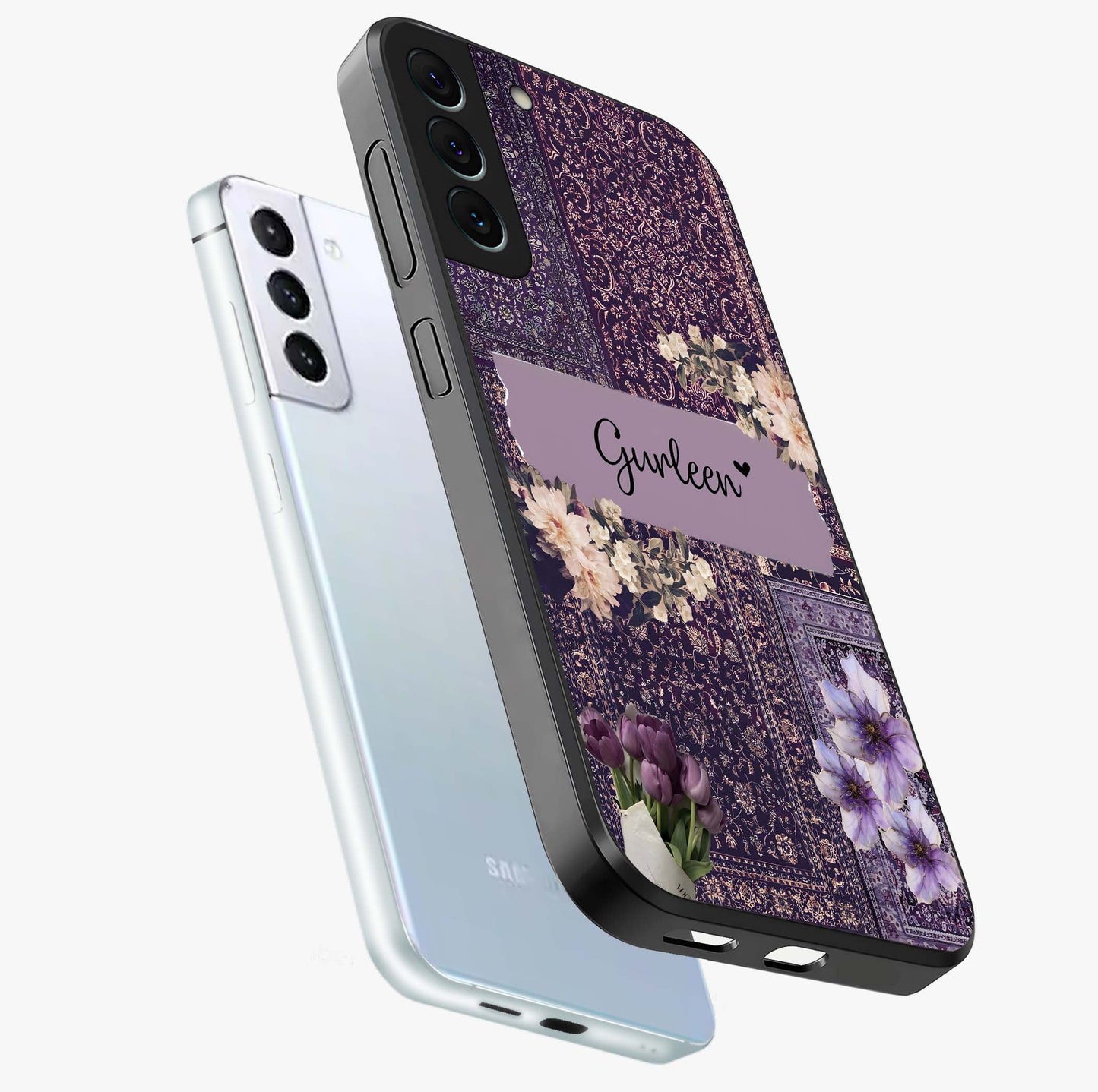 Antique Floral Whisper Custom Name Glass Case displayed in angled mockup highlighting elegant antique floral aesthetic.