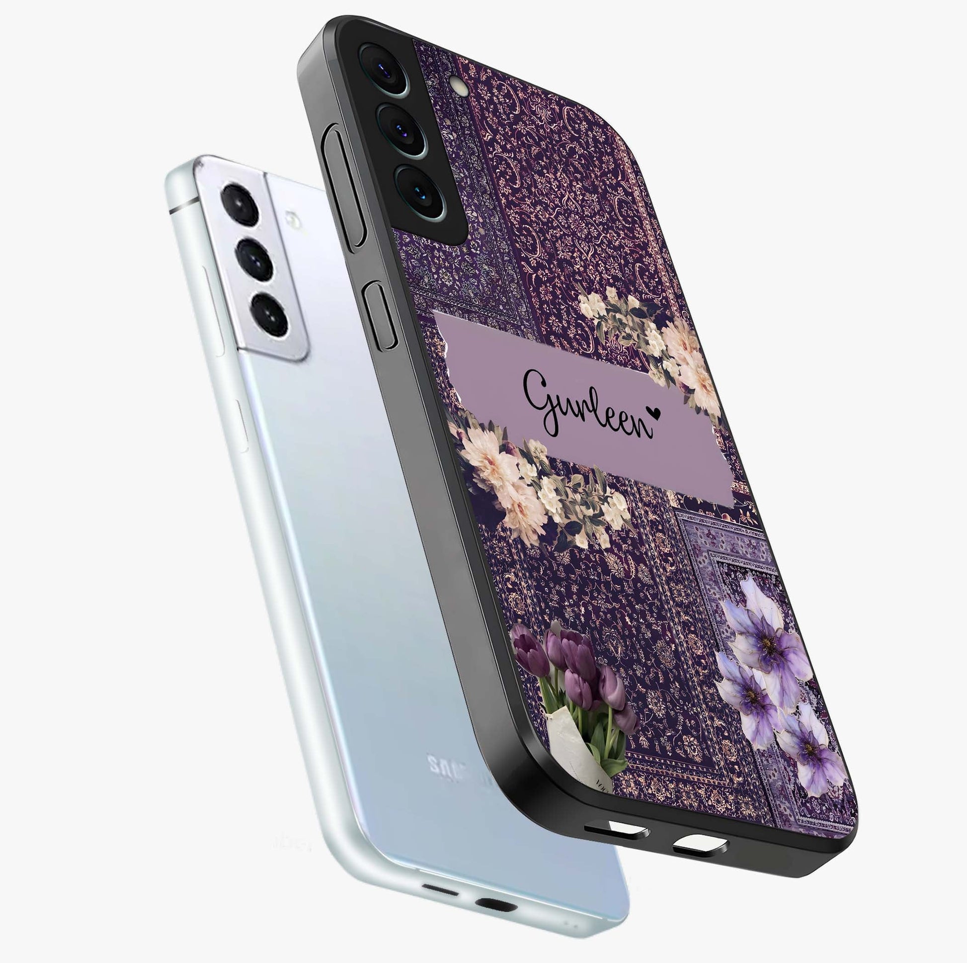 Antique Floral Whisper Custom Name Glass Case displayed in angled mockup highlighting elegant antique floral aesthetic.