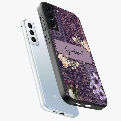 Antique Floral Whisper Custom Name Glass Case displayed in angled mockup highlighting elegant antique floral aesthetic.