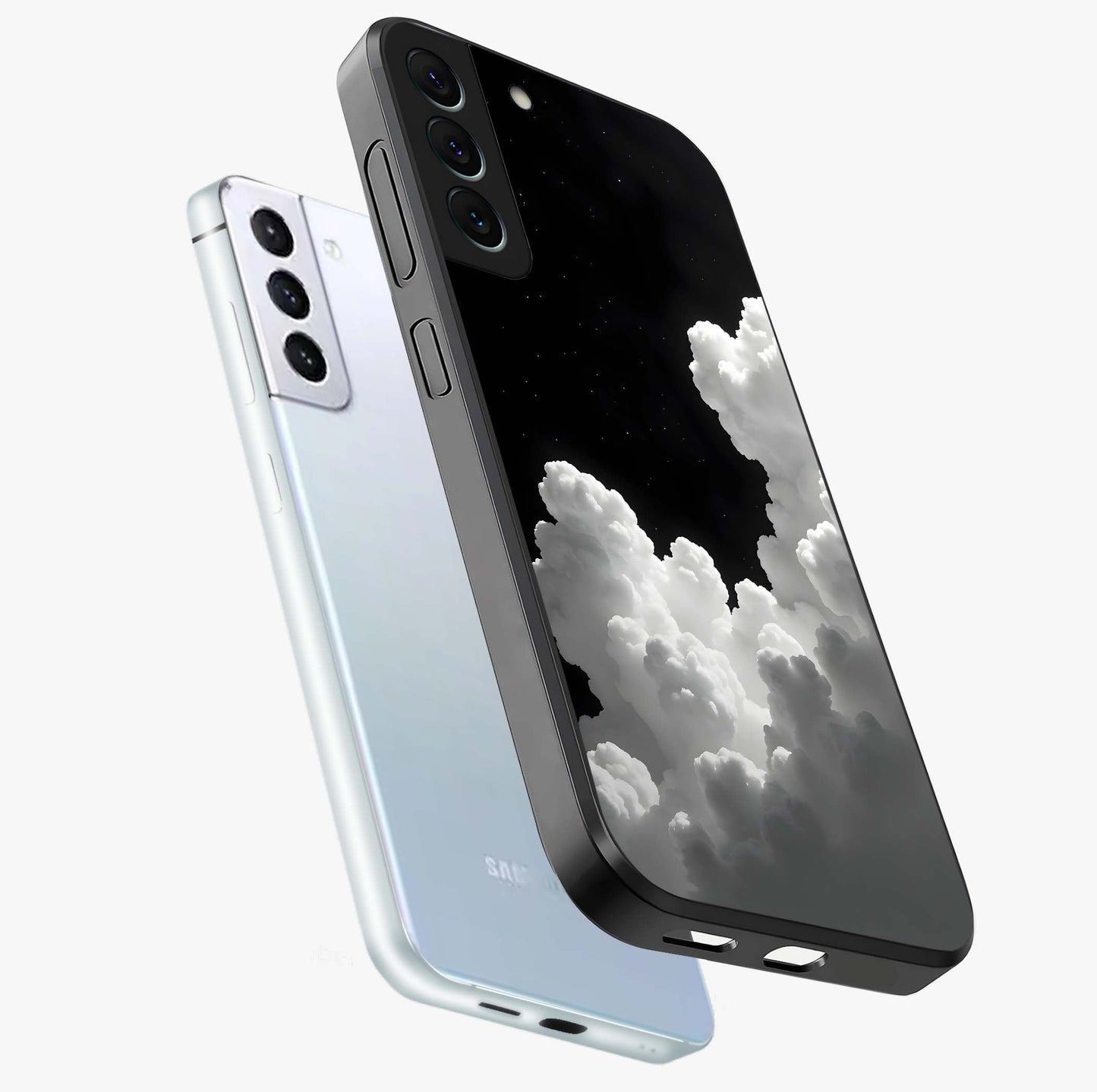 Black Background With White Cloud Glass Case displayed in angled mockup highlighting soft white cloud illustration and minimal design.
