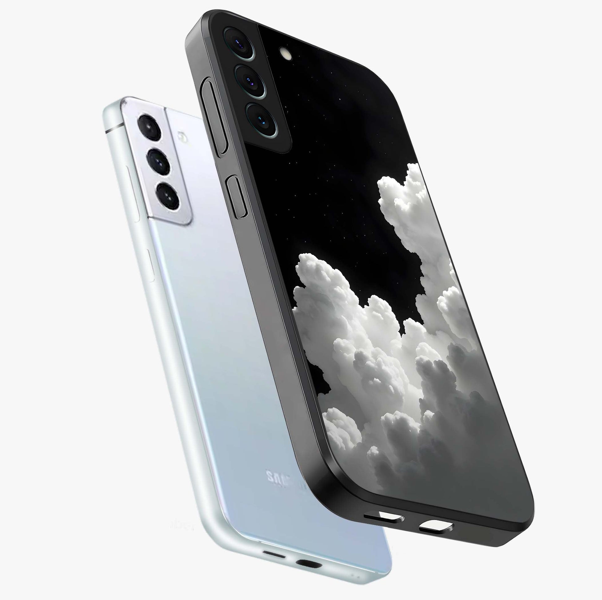 Black Background With White Cloud Glass Case displayed in angled mockup highlighting soft white cloud illustration and minimal design.
