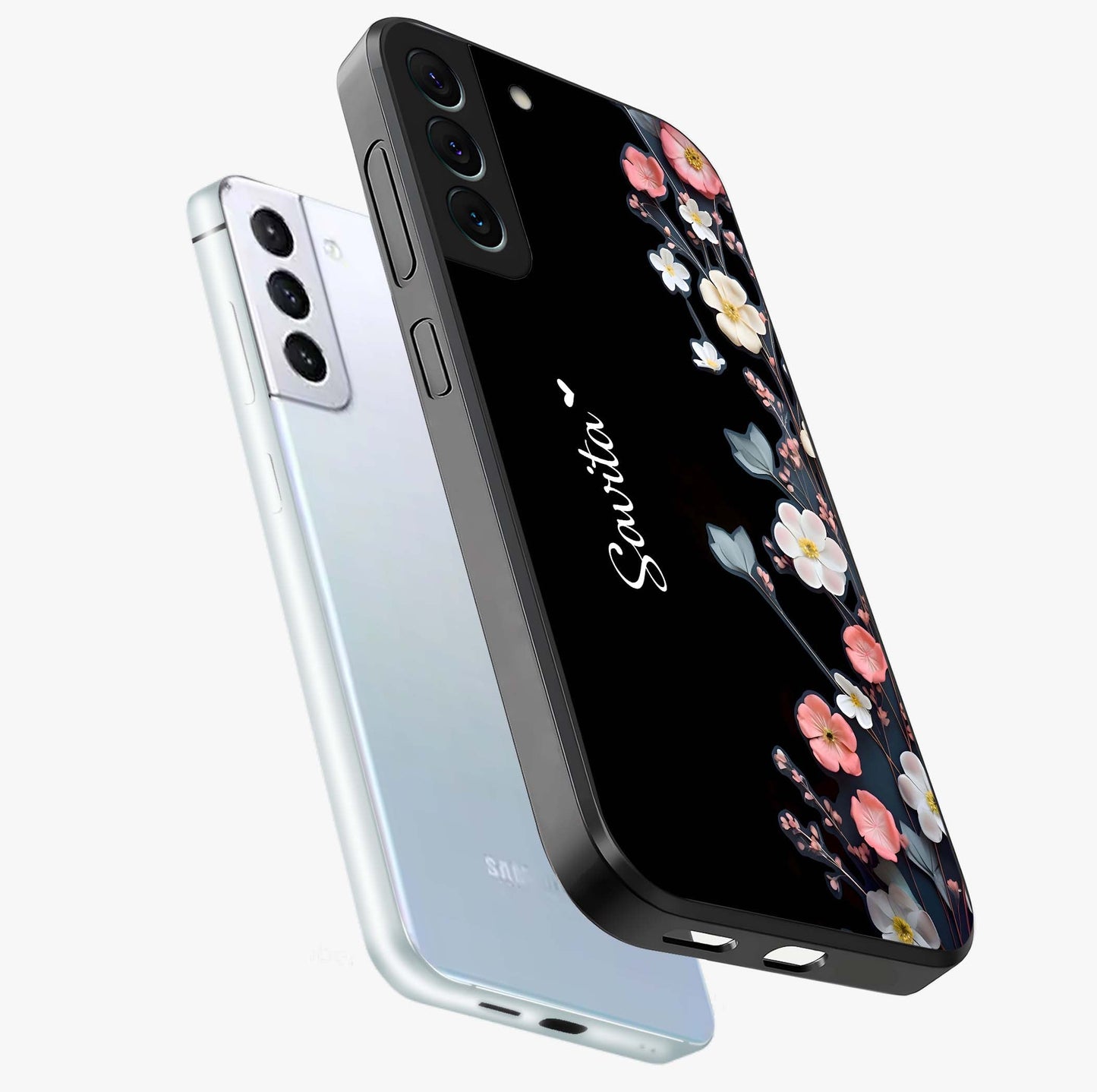 Black Elegance Floral Custom Name Glass Case displayed in angled mockup highlighting dark floral aesthetic and custom name feature.