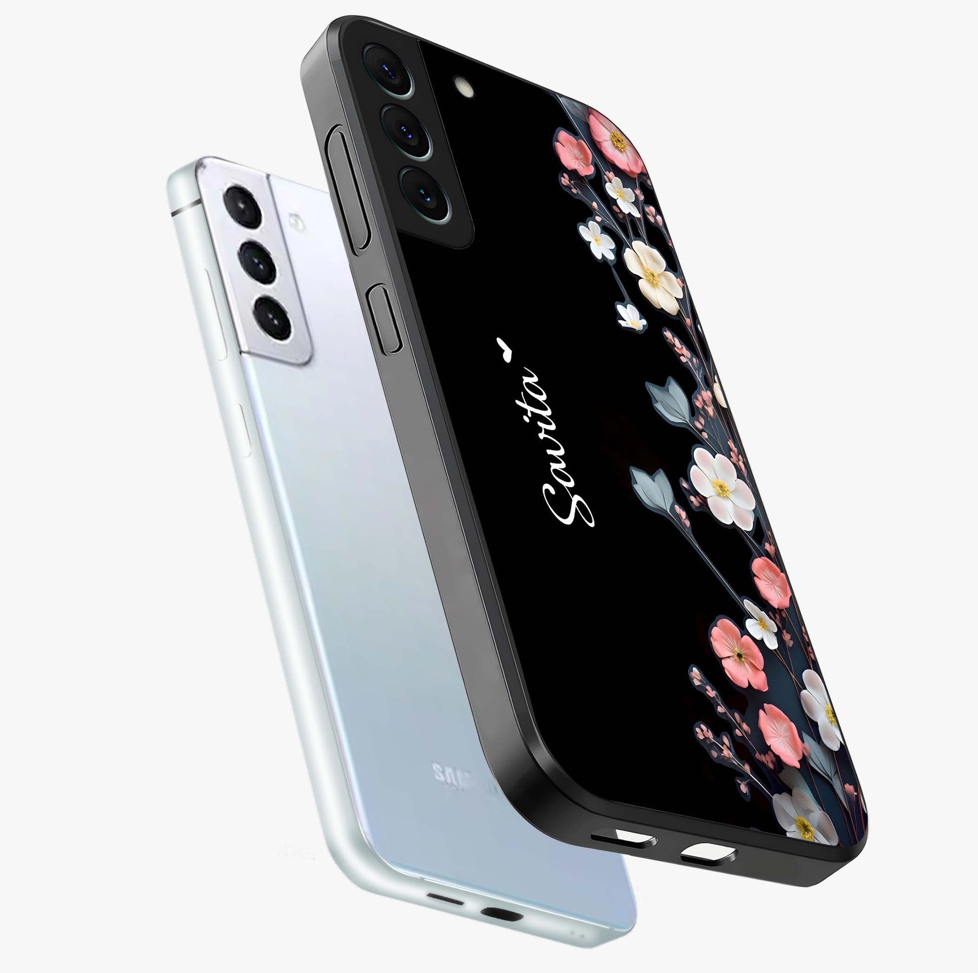 Black Elegance Floral Custom Name Glass Case displayed in angled mockup highlighting dark floral aesthetic and custom name feature.