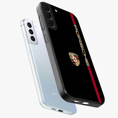 Black Minimal Porsche Glass Case displayed in angled mockup highlighting modern minimal car illustration and clean aesthetic design.