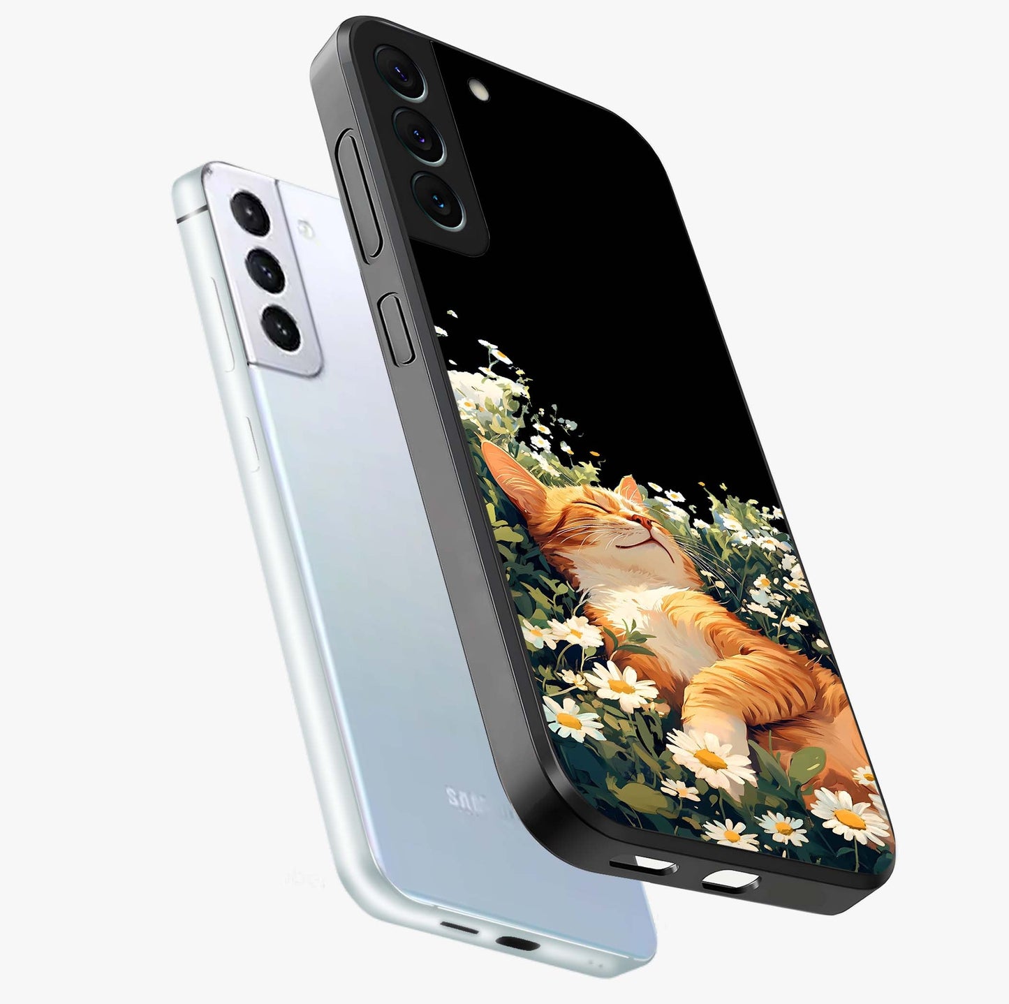Blissful Bloom Cat Glass Case displayed in angled mockup highlighting playful feline illustration with soft floral aesthetic.