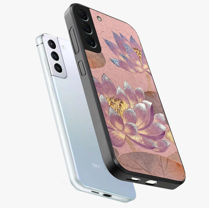 Blossom Mist Lotus Glass Case displayed in angled mockup highlighting delicate lotus illustration with calm aesthetic theme.
