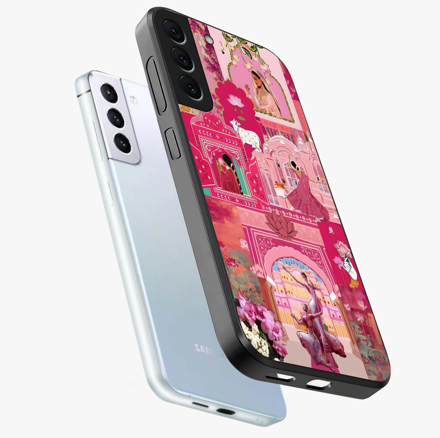 Blossoms of Rajasthan Glass Case displayed in angled mockup highlighting vibrant floral pattern with cultural aesthetic style.