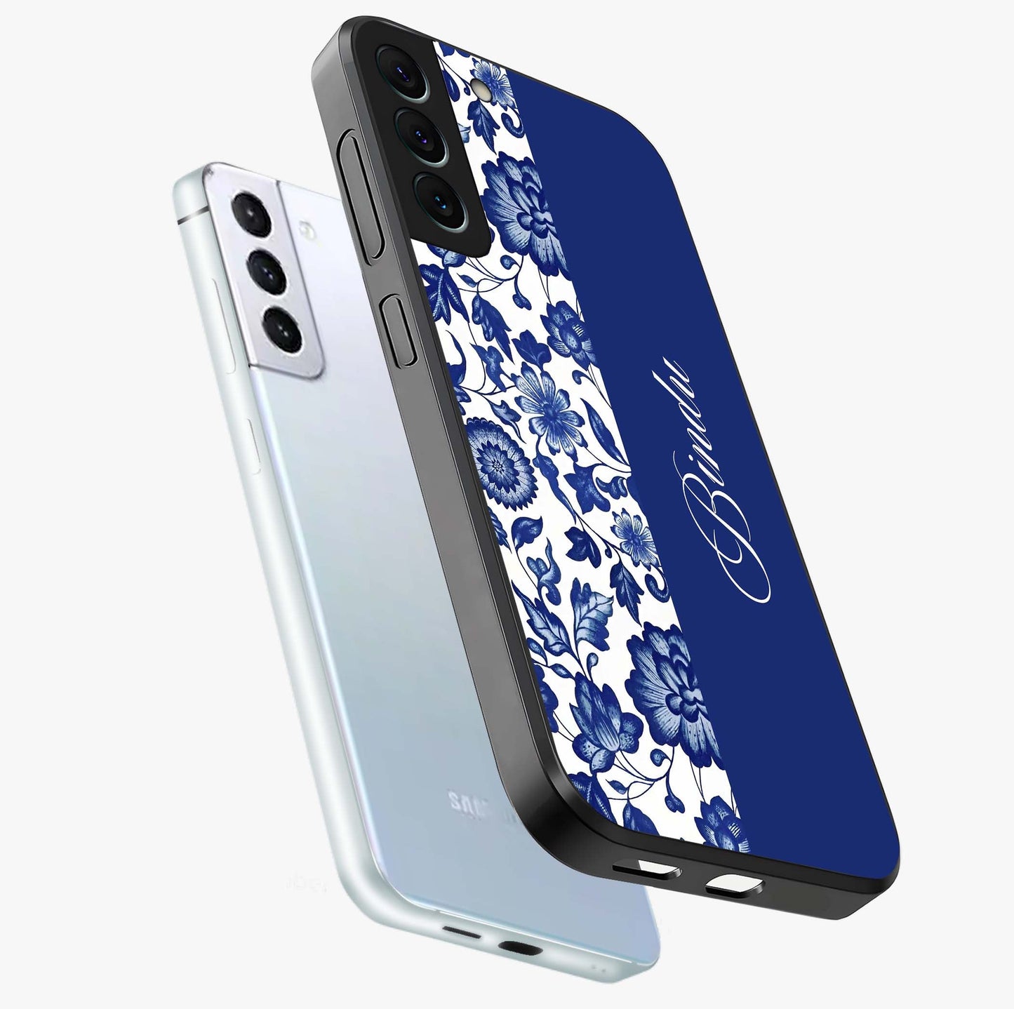 Blue Vintage Floral Pattern Glass Case displayed in angled mockup highlighting subtle bloom pattern with aesthetic pastel design.