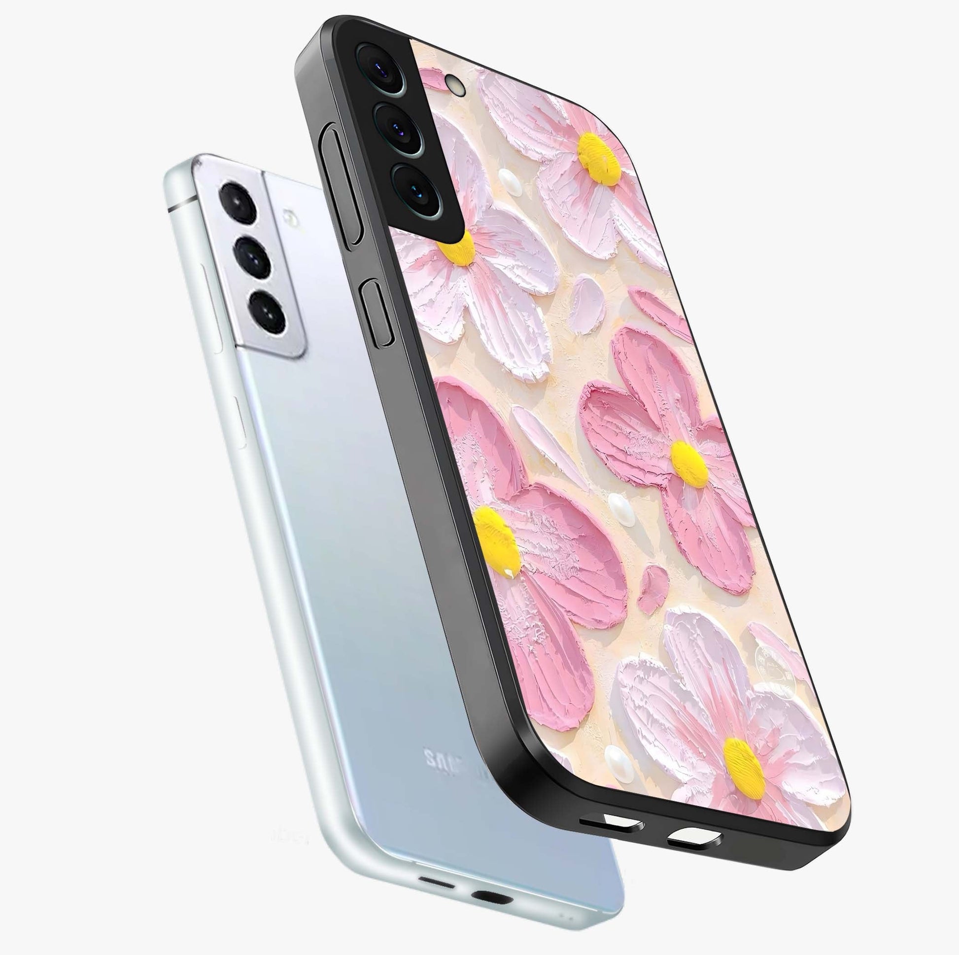 Blush Bloom Texture Glass Case displayed in angled mockup highlighting subtle bloom pattern with aesthetic pastel design.