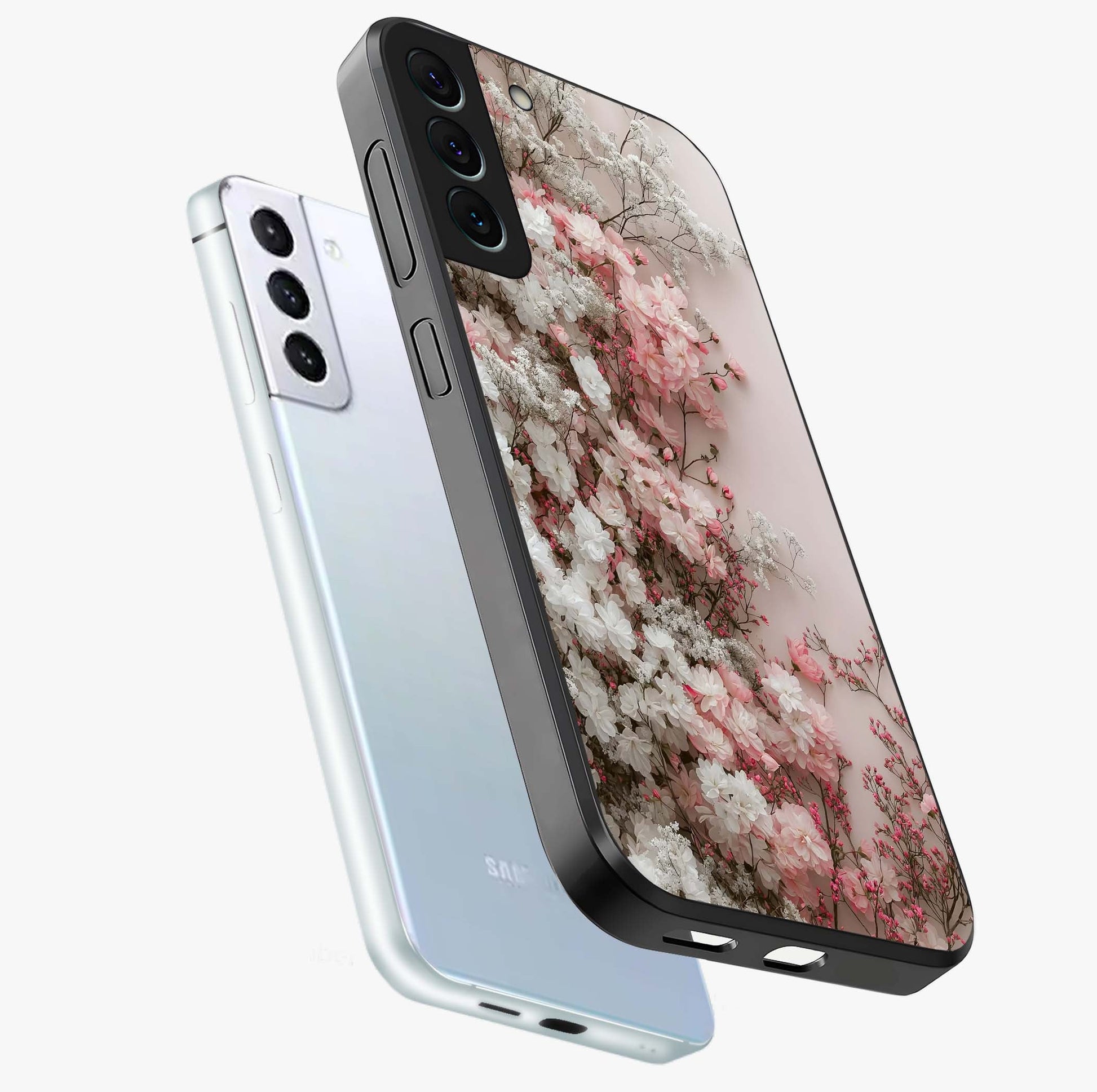 Blush Blossom Cloud Glass Case displayed in angled mockup highlighting soft cloud and blossom design with pastel aesthetic.