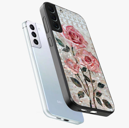 Blush Mosaic Bloom Glass Case displayed in angled mockup highlighting artistic mosaic flower pattern with aesthetic design.
