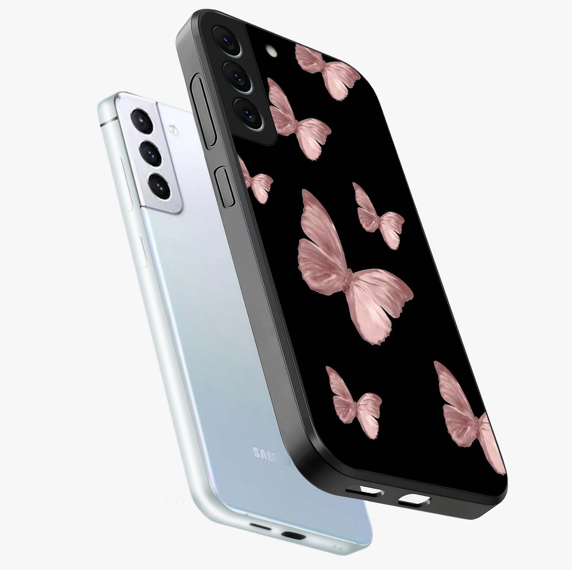Butterfly Pattern Glass Case displayed in angled mockup highlighting delicate butterfly design and aesthetic pattern style.