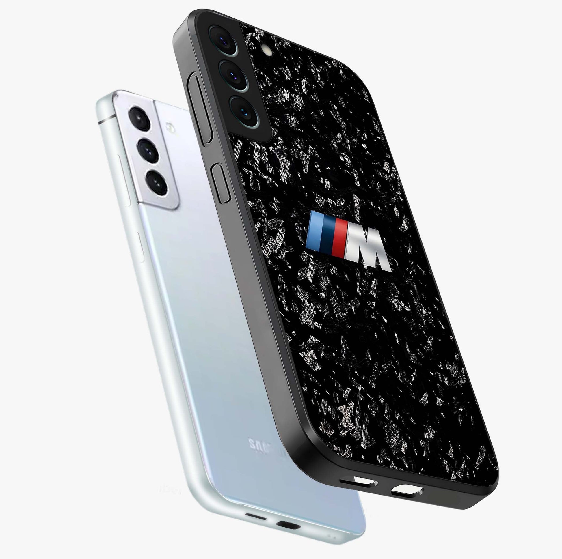 Carbon Speed Mark Glass Case displayed in angled mockup highlighting racing inspired carbon design and sleek aesthetic style.