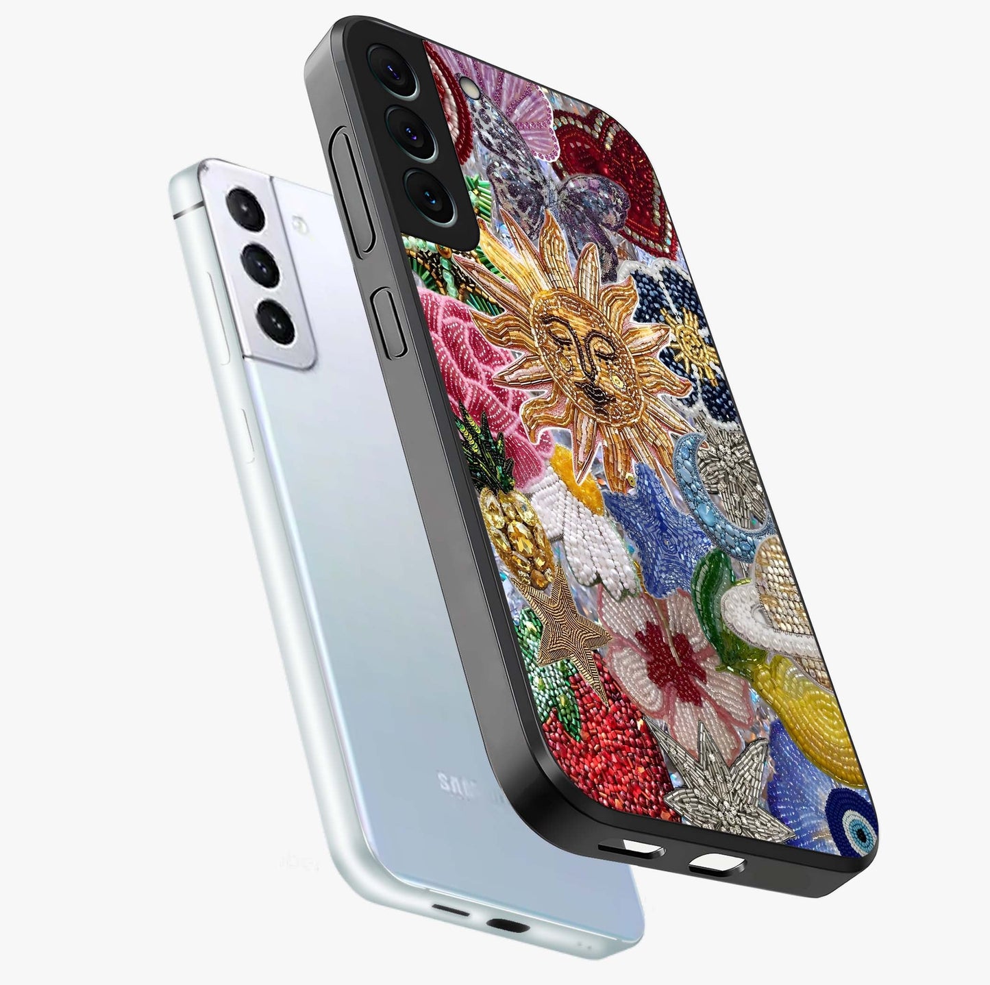 Celestial Floral and Playful Glass Case displayed in angled mockup highlighting playful floral design with dreamy celestial elements.