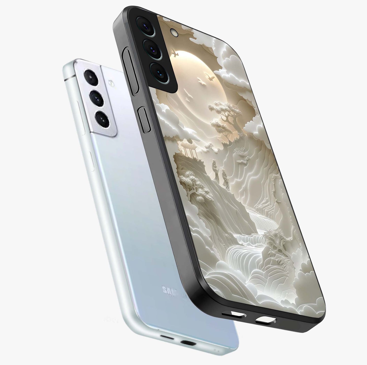 Celestial Origami Glass Case displayed in angled mockup highlighting geometric origami design with cosmic aesthetic theme.