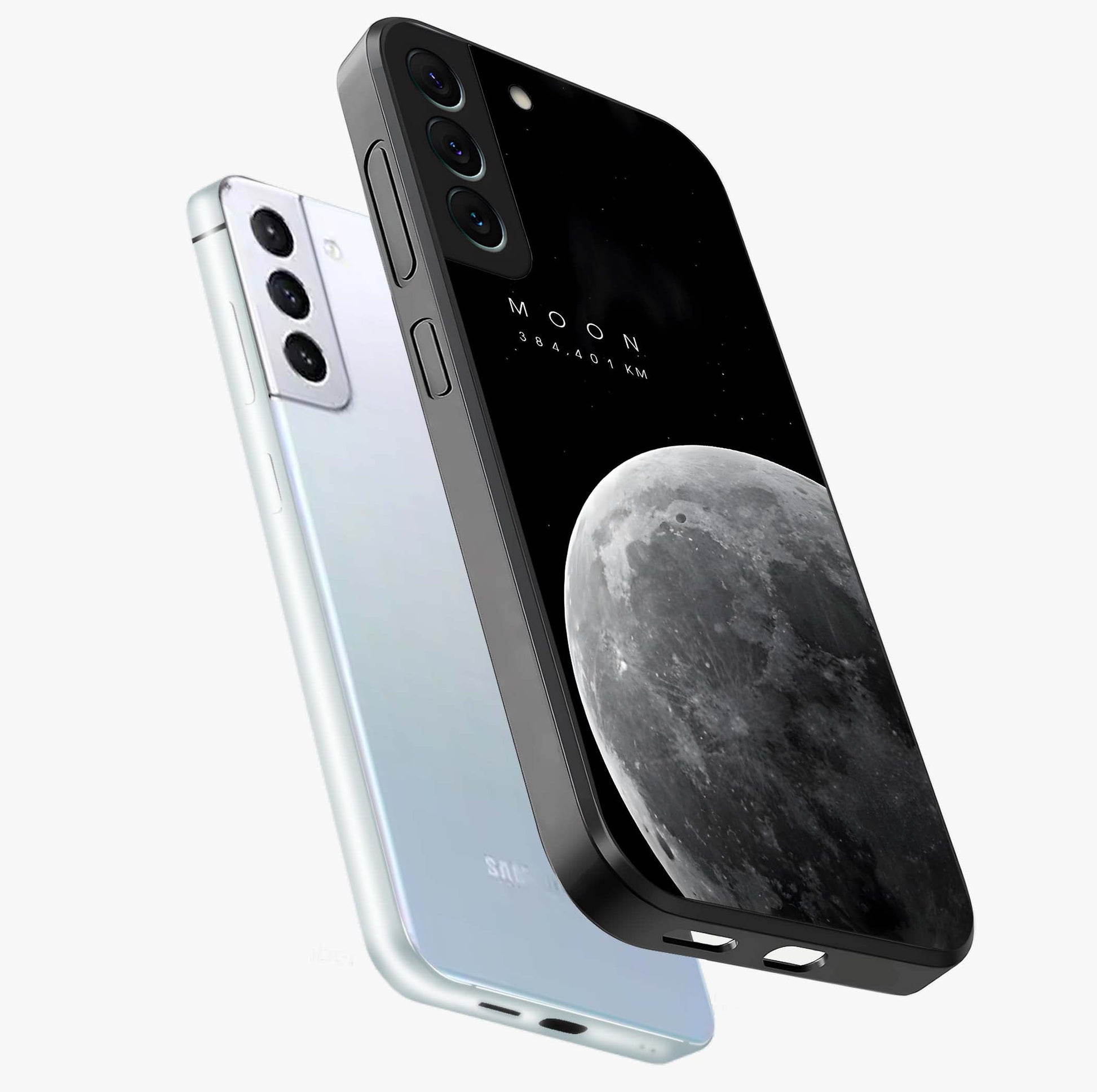 Cosmic Moon Glow Glass Case displayed in angled mockup highlighting celestial moon design with cosmic aesthetic theme.