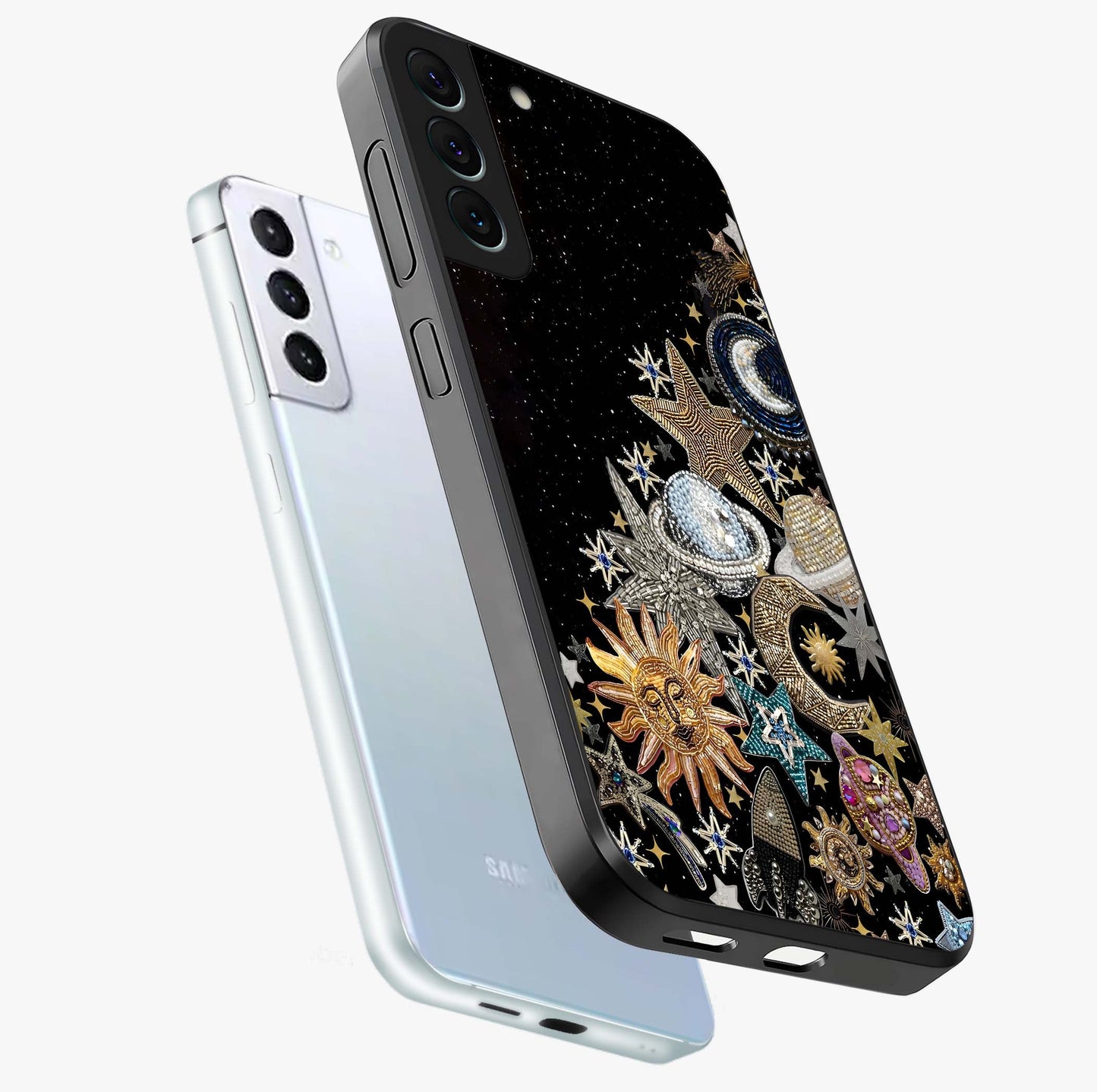 Cosmic Sparkle Dreams Glass Case displayed in angled mockup highlighting dreamy star sparkle design with celestial aesthetic.