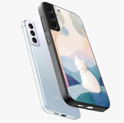 Cotton Dream Cat Glass Case displayed in angled mockup highlighting cute feline illustration with pastel aesthetic style.