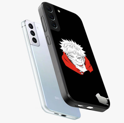 Crimson Chaos Smile Glass Case displayed in angled mockup highlighting edgy crimson smile design with graphic aesthetic.