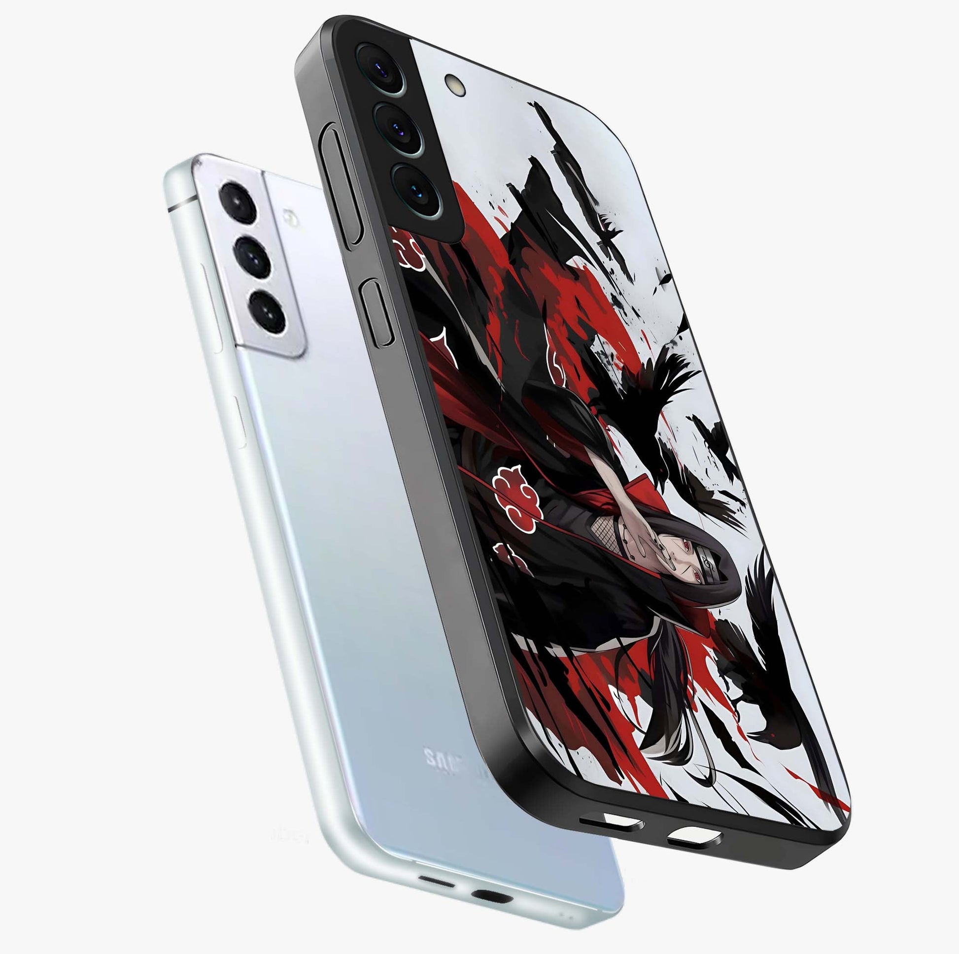 Crimson Crow Illusion Glass Case displayed in angled mockup highlighting mysterious crow graphic with dark aesthetic style.