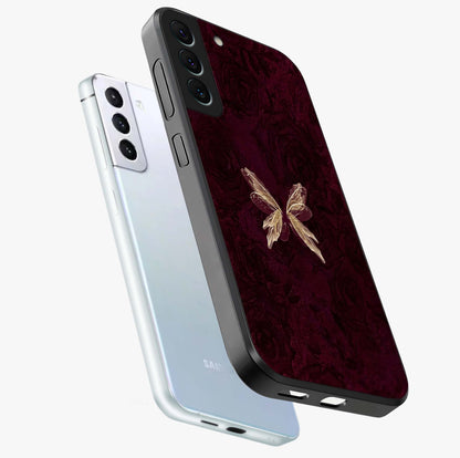 Crimson Fade Butterfly Glass Case displayed in angled mockup highlighting elegant butterfly design with crimson gradient aesthetic.
