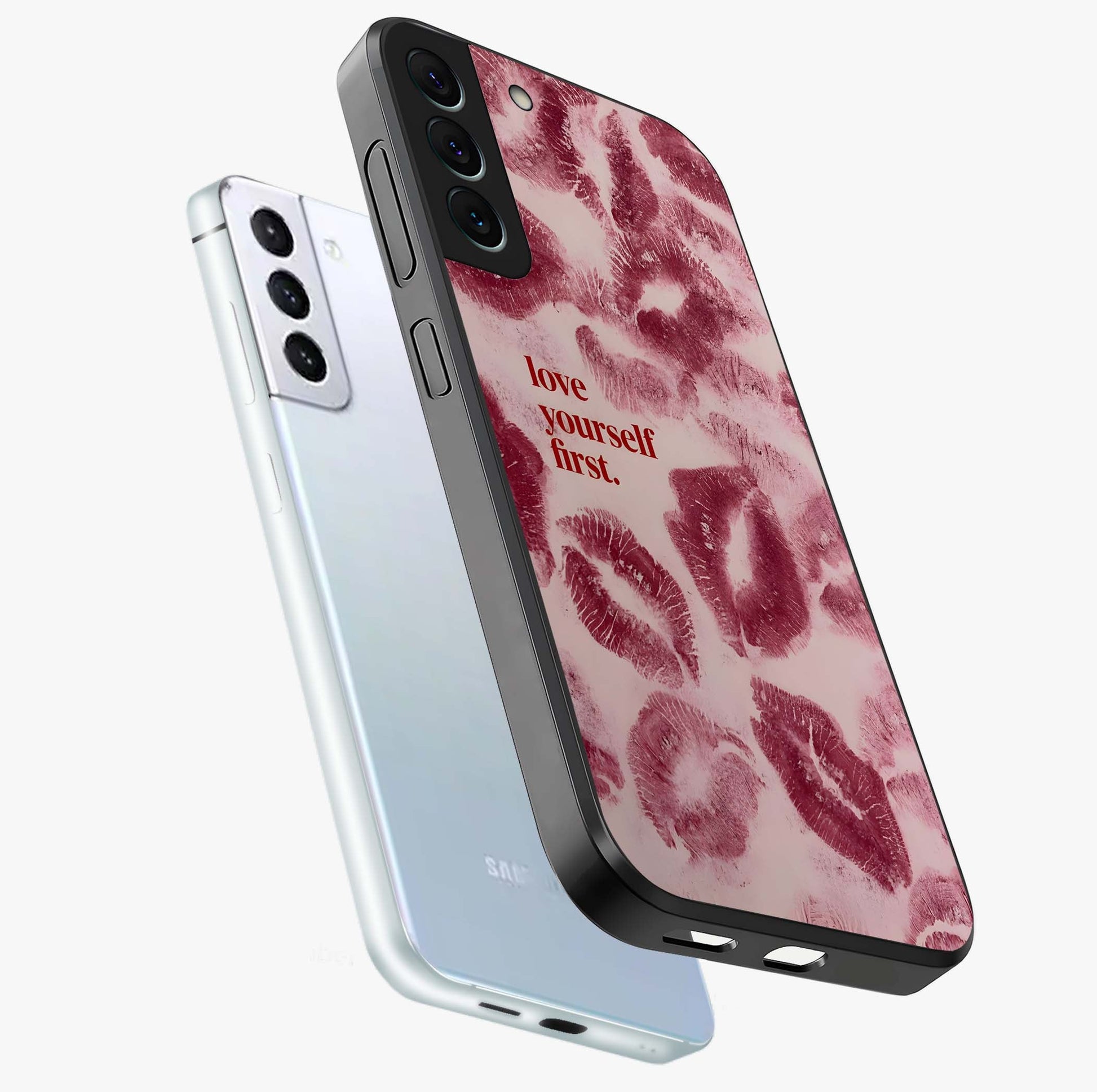Crimson Kiss Love Glass Case displayed in angled mockup highlighting bold love inspired design with modern aesthetic style.