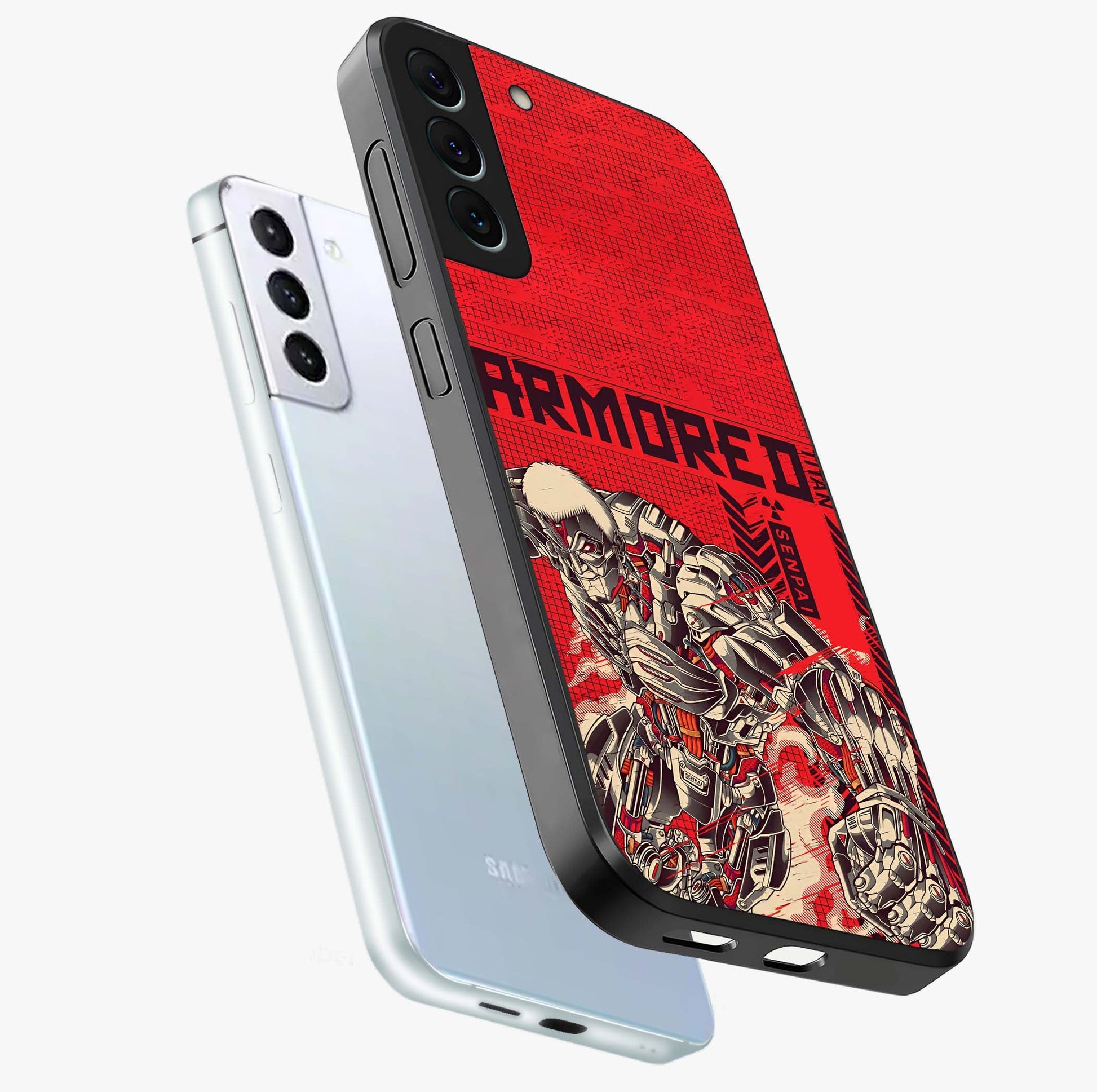 Crimson Mecha Titan Glass Case displayed in angled mockup highlighting futuristic mech illustration with bold crimson aesthetic.