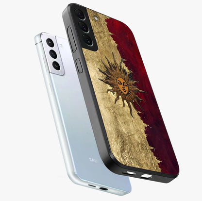 Crimson Sun Majesty Glass Case displayed in angled mockup highlighting majestic crimson sun design with bold aesthetic style.