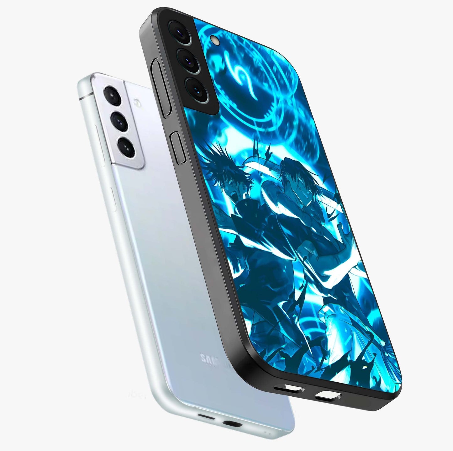 Cursed Energy Clash Glass Case displayed in angled mockup highlighting powerful battle inspired graphic with anime style aesthetic.