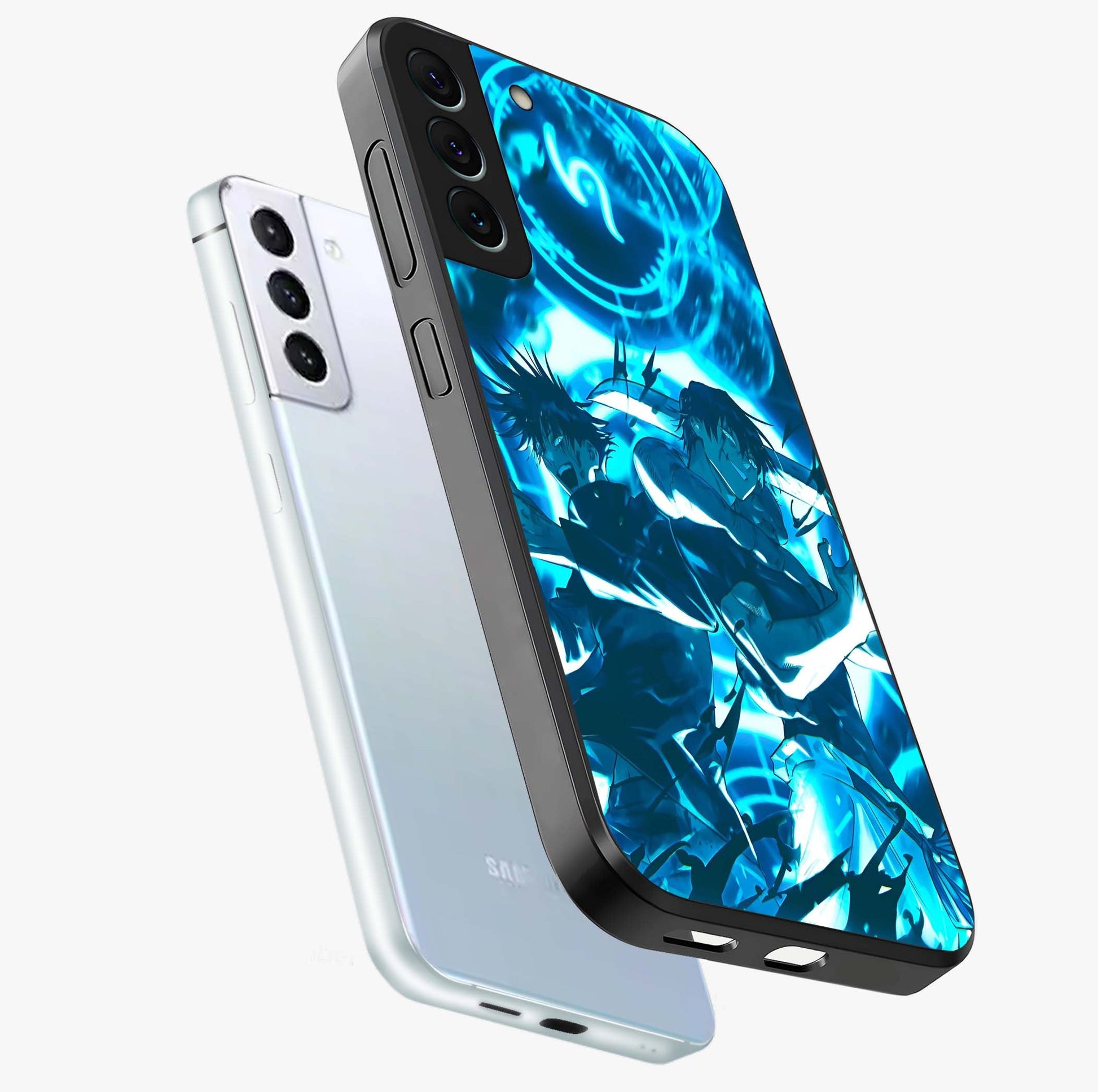 Cursed Energy Clash Glass Case displayed in angled mockup highlighting powerful battle inspired graphic with anime style aesthetic.