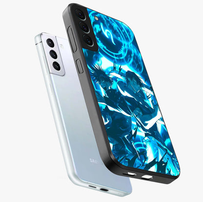 Cursed Energy Clash Glass Case displayed in angled mockup highlighting powerful battle inspired graphic with anime style aesthetic.