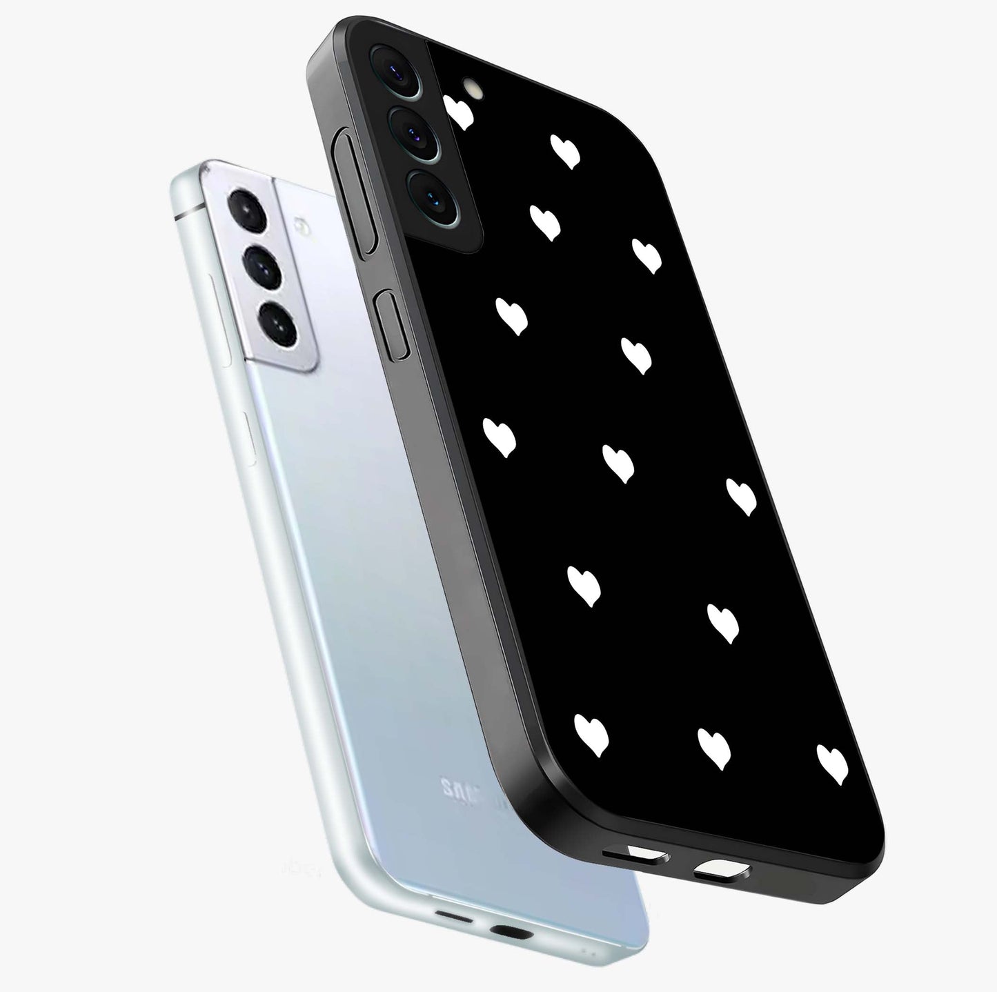 Cute And Simple White Hearts Glass Case displayed in angled mockup highlighting cute heart design with clean aesthetic style.