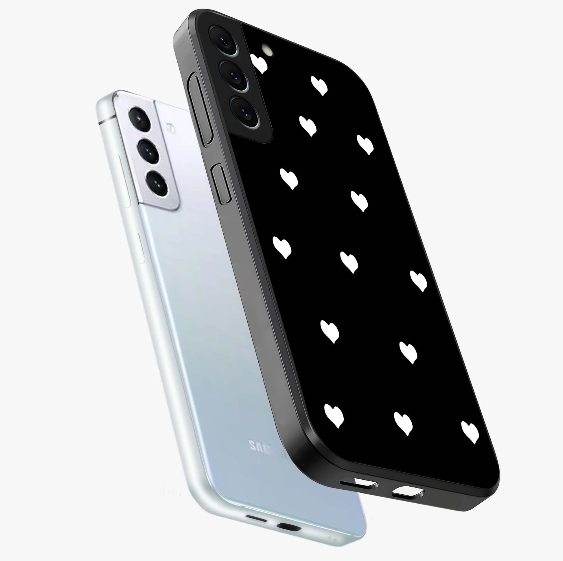 Cute And Simple White Hearts Glass Case displayed in angled mockup highlighting cute heart design with clean aesthetic style.