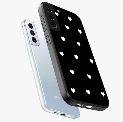 Cute And Simple White Hearts Glass Case displayed in angled mockup highlighting cute heart design with clean aesthetic style.