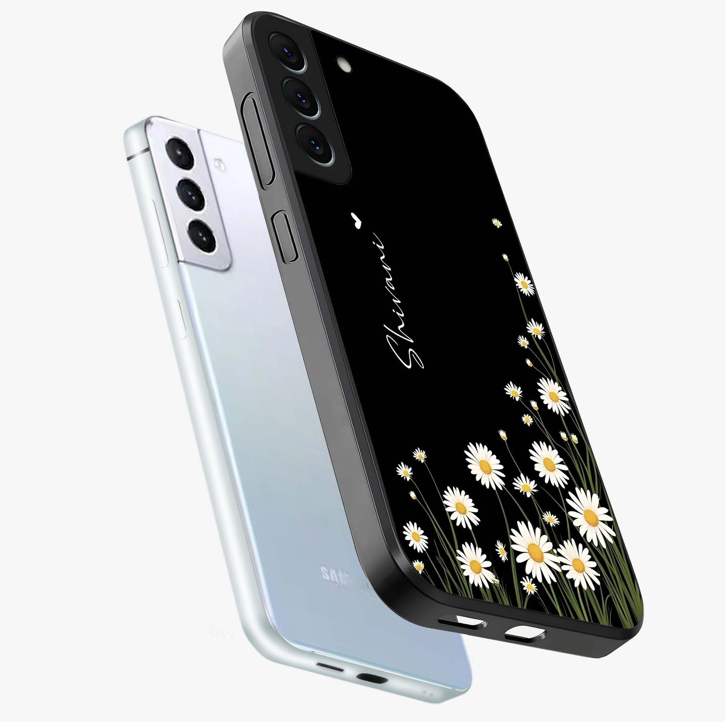 Daisy Cascade Custom Name Glass Case displayed in angled mockup highlighting delicate daisy artwork with custom name feature.