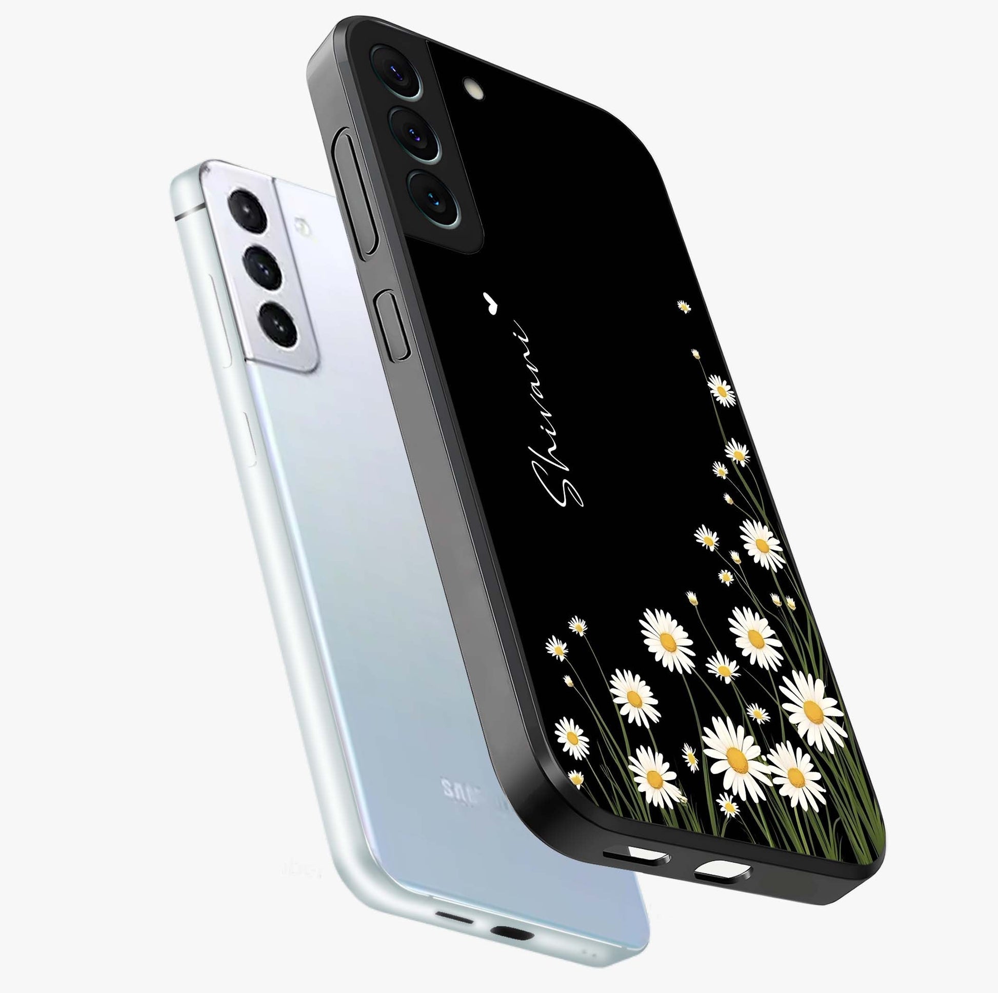 Daisy Cascade Custom Name Glass Case displayed in angled mockup highlighting delicate daisy artwork with custom name feature.