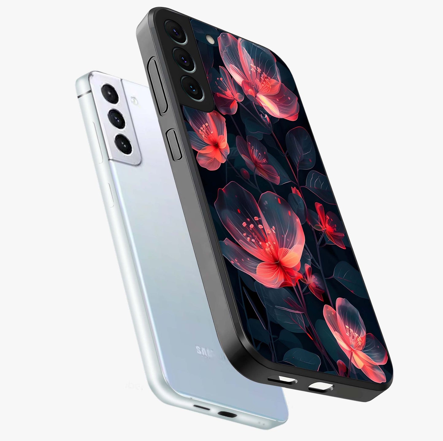Dark Shade of Flower Glass Case displayed in angled mockup highlighting moody floral illustration with aesthetic dark tones.