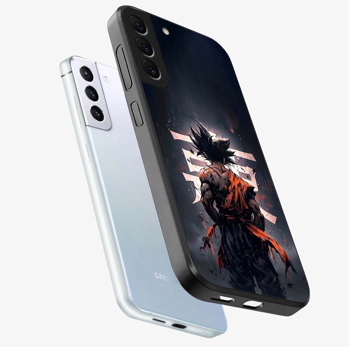 Dark Warrior In Rain Glass Case displayed in angled mockup highlighting dramatic warrior illustration with dark rain aesthetic.