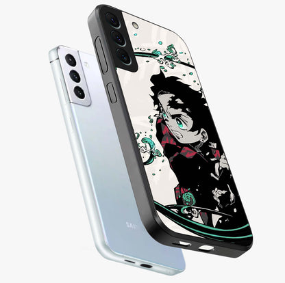 Demon Slayer Glass Case displayed in angled mockup highlighting dramatic anime character design with action aesthetic.