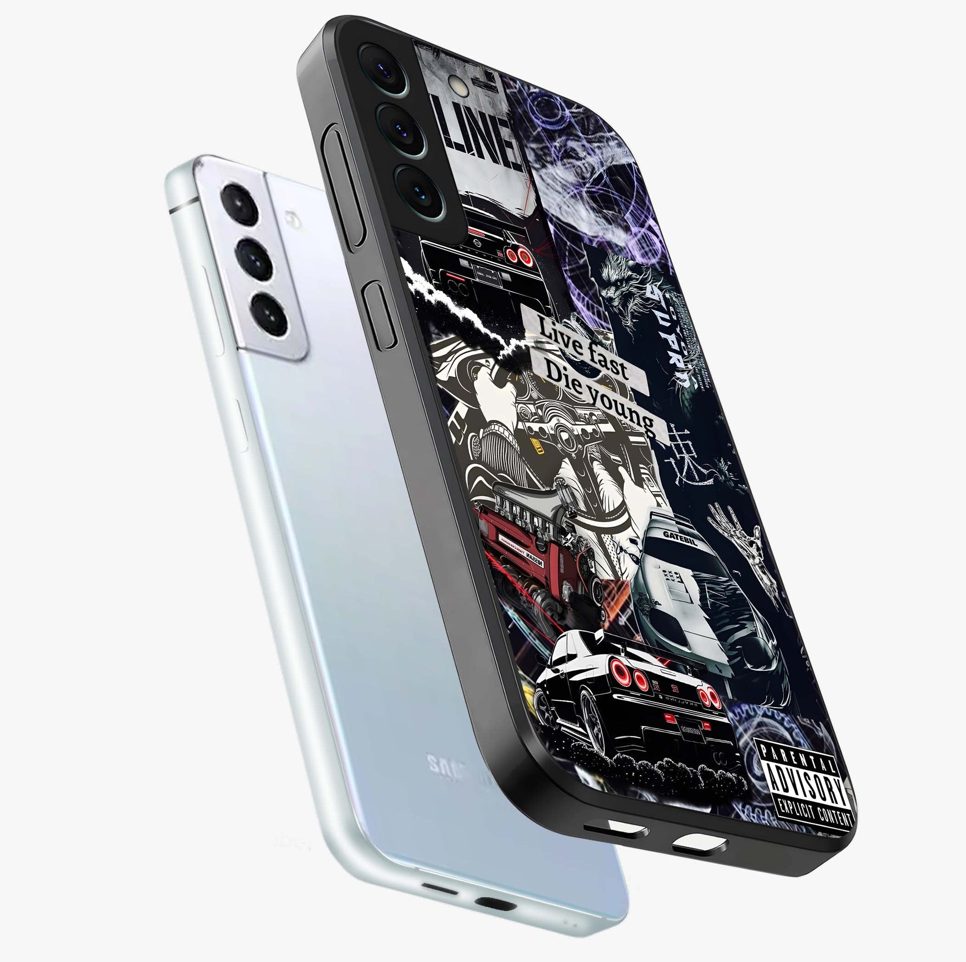 Die Young Glass Case displayed in angled mockup highlighting expressive graphic artwork with edgy aesthetic style.