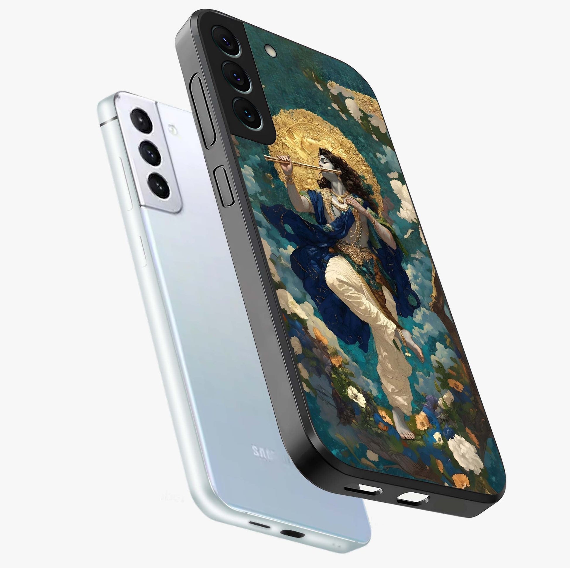 Divine Krishna Art Glass Case displayed in angled mockup highlighting spiritual Krishna illustration with devotional aesthetic.