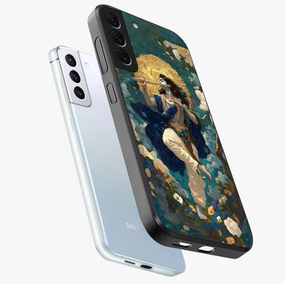 Divine Krishna Art Glass Case displayed in angled mockup highlighting spiritual Krishna illustration with devotional aesthetic.