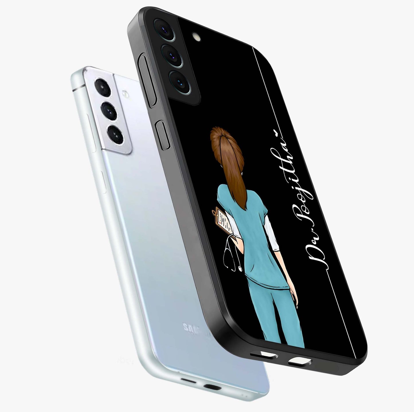 Doctor Pattern Custom Name Glass Case displayed in angled mockup highlighting doctor inspired artwork with custom name feature.