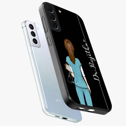 Doctor Pattern Custom Name Glass Case displayed in angled mockup highlighting doctor inspired artwork with custom name feature.