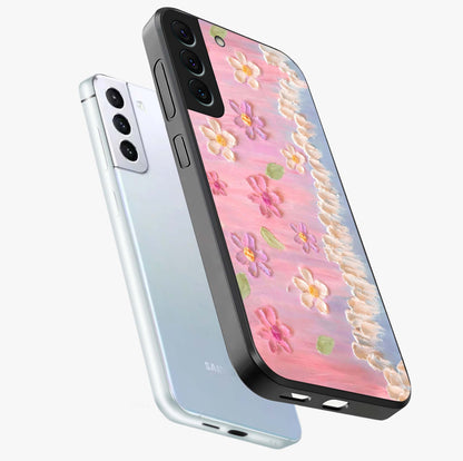 Dreamy Painted Garden Glass Case displayed in angled mockup highlighting colorful garden illustration with dreamy aesthetic style.