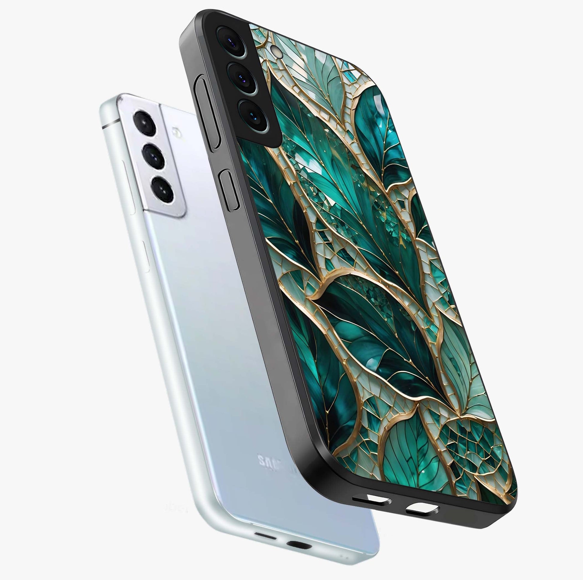 Emerald Leaf Glass Glass Case displayed in angled mockup highlighting botanical leaf illustration with elegant natural aesthetic.