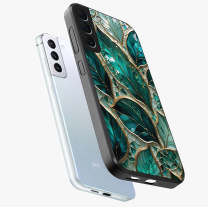 Emerald Leaf Glass Glass Case displayed in angled mockup highlighting botanical leaf illustration with elegant natural aesthetic.
