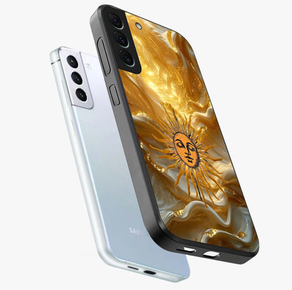 Eternal Golden Glow Glass Case displayed in angled mockup highlighting glowing golden aesthetic design with elegant style.