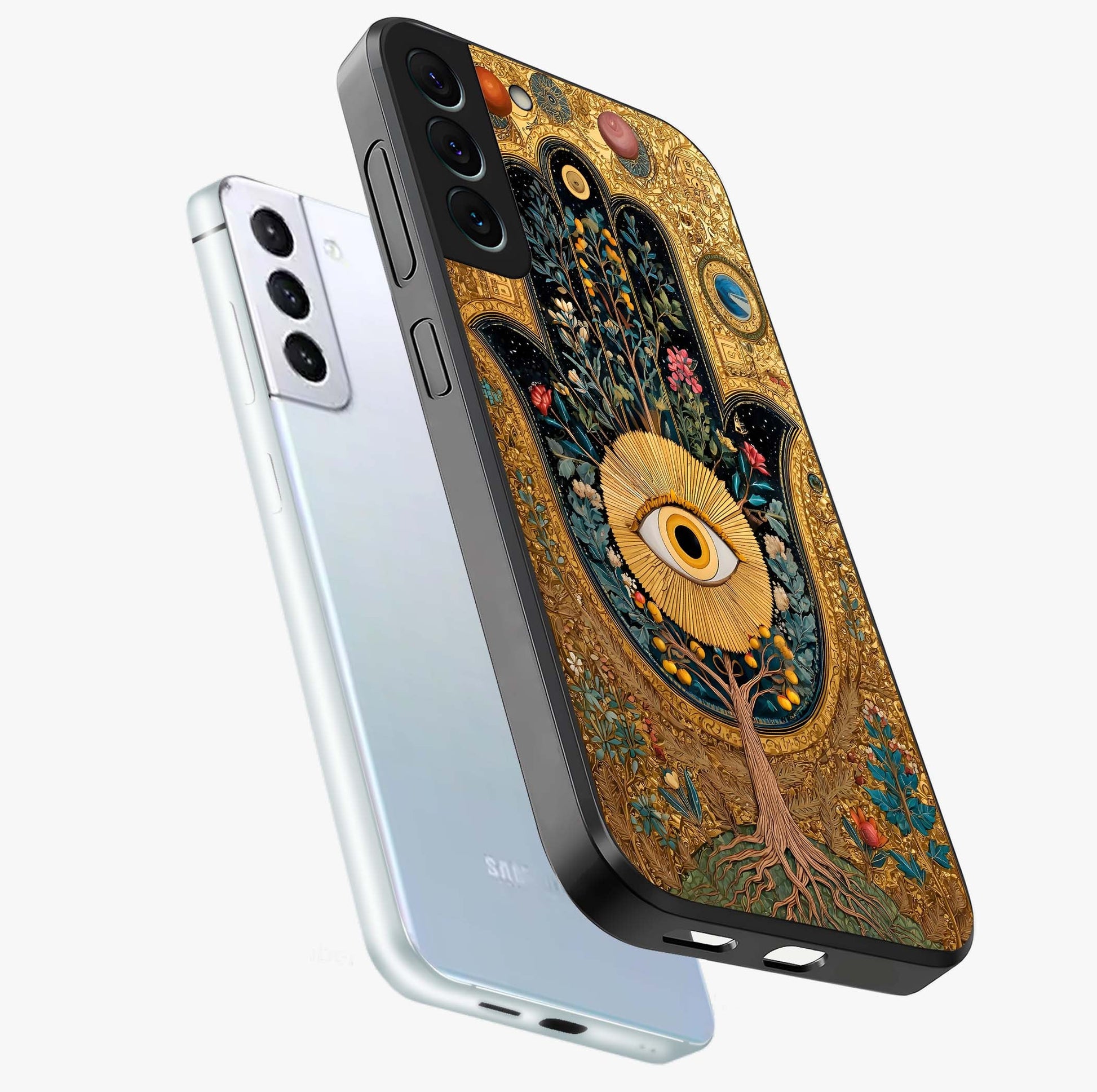 Ethereal Evil Eye Glass Case displayed in angled mockup highlighting protective evil eye symbol with spiritual aesthetic design.