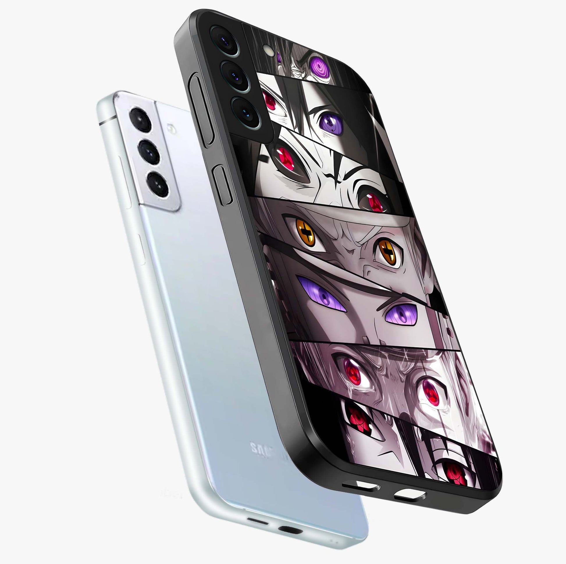 Eyes of Destiny Glass Case displayed in angled mockup highlighting bold eye illustration with mystical aesthetic style.